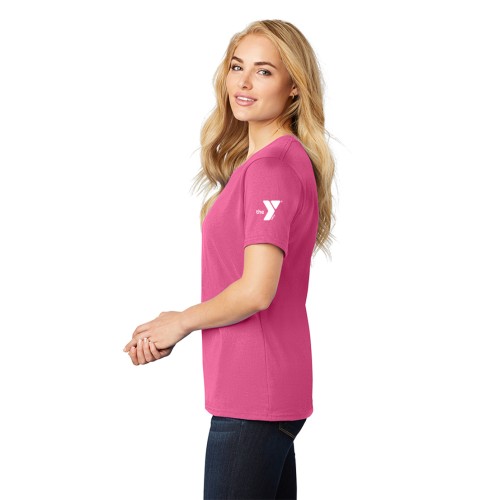Ladies 100% Cotton Tee - PINK Ribbon Print w/ Y Logo on Sleeve